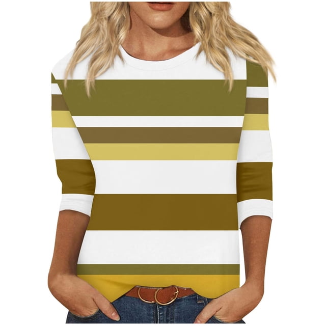 cfhntfmh Hauts pour Femmes 2024 Automne Tendance à Blocs de Couleur Blouses à Col Rond Décontractées Manches 3/4 Tuniques Amples