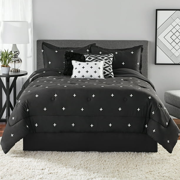 Mainstays 7 Piece Black Embroidered Comforter Set with Dec Pillows, Bed