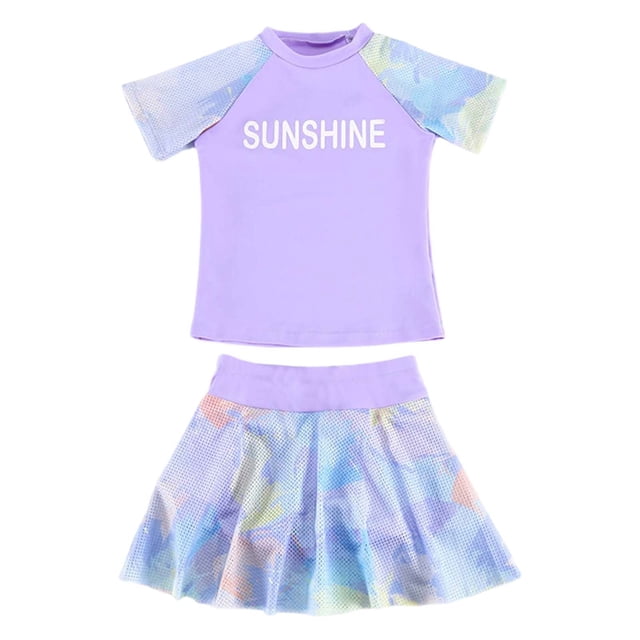 MIASHUI Girls Rash Guard Swimsuit 2 Piece Bathing Suit Short Sleeve Tankini Swimwear,Light Purple,XXXXL