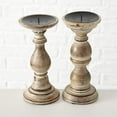 thumbnail image 5 of Rustic Stockbridge Wooden Candle Holders, Set of 2, Spiked Metal Top, Rounded Turned Columns, Distressed with Vintage Style White Wash, 9 Inches, 5 of 7