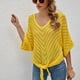 thumbnail image 2 of Novedad de verano, camisa de murciélago de manga corta con cuello en V para mujer, top con cordones, suéter hueco fino, 2 of 4