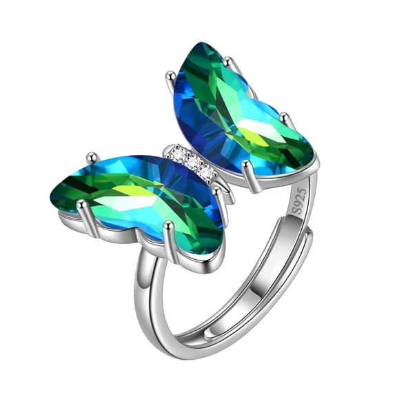 Green Butterfly Ring Emerald May Birthstone Rings Adjustable Crystal Jewelry 925 Sterling Silver Women Birthday Mother's Day Gifts Juwaliy