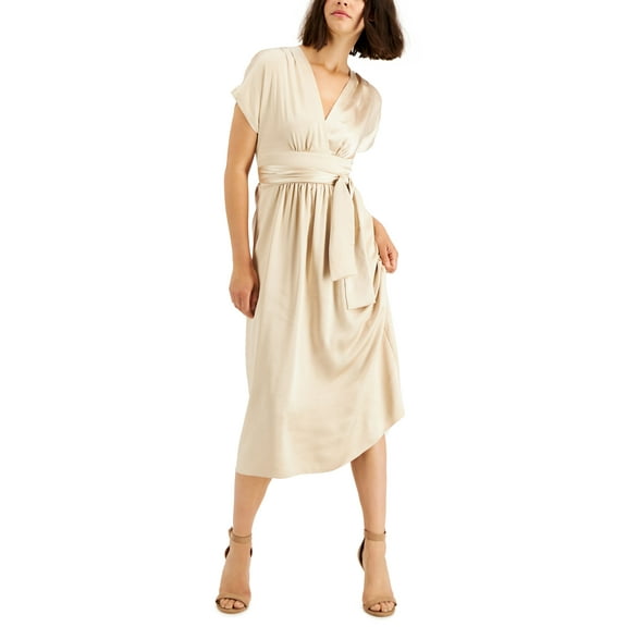 Anne Klein Satin V Neck Midi Dress Bisqueware 2