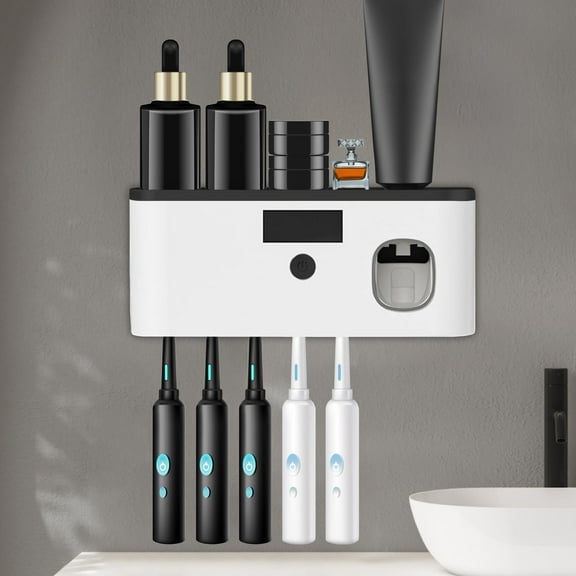Syenll Toothbrush Holder for Bathroom, Wall Mounted Toothbrush Holder with Toothpaste Dispenser, 5 Brush Slots for Kids, Black