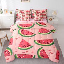 Manfei Red Kawaii Watermelon Bedding Comforter Set 7-Piece, Cartoon Fruit Print King Bedding Sets, Teen Boy Girl Kid Reversible Bed Sheets, Microfiber Bedroom Decor