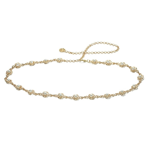 Mightlink Metal Waist Chain Flower Pearl Inlaid Belt for Women Adjustable Body Link Fashion Accessory Dress Belt Trouser Belt Women's Accessories