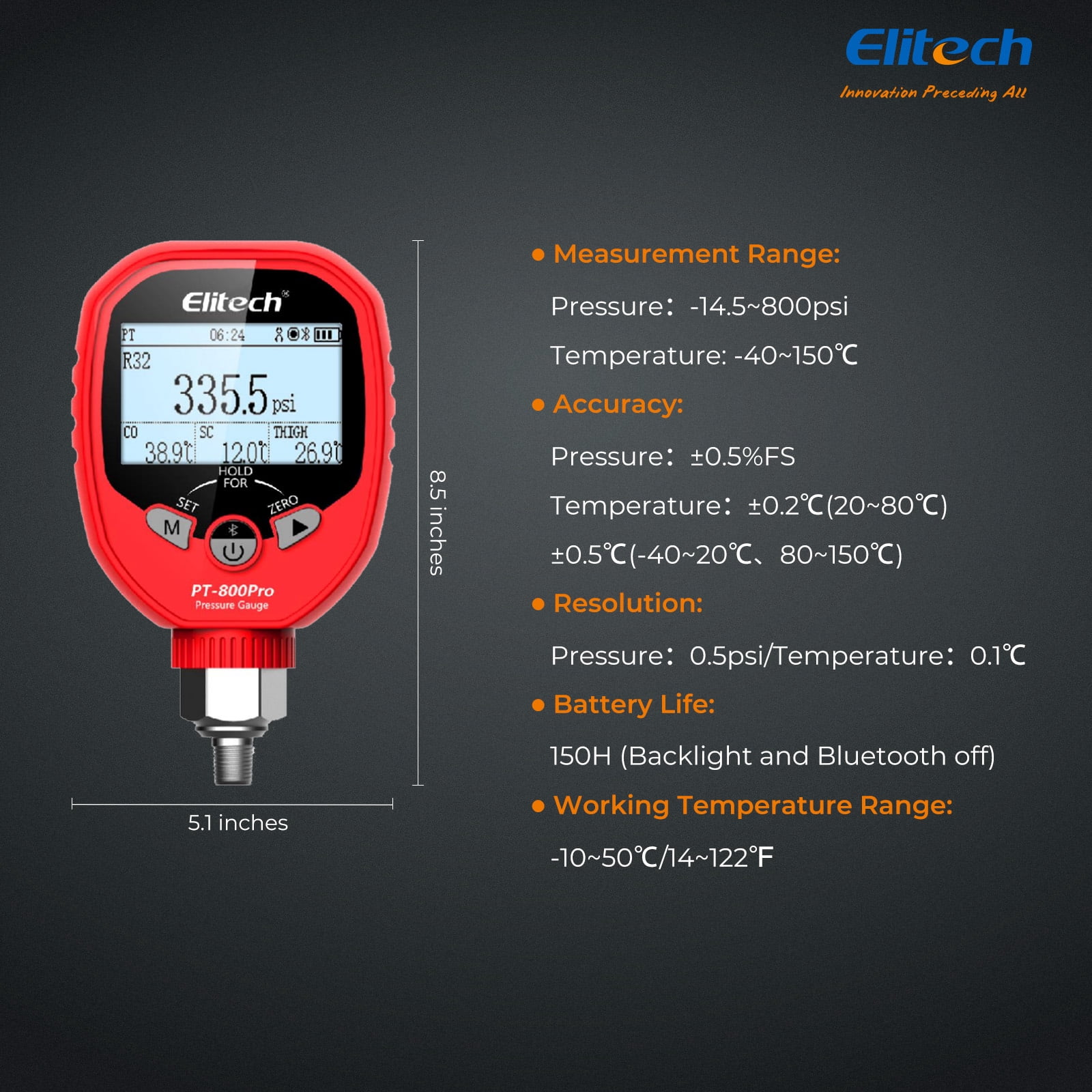 Elitech PT-800Pro Digital Pressure Gauge – High Pressure HVAC Refrigeration Manifold Gauge with Bluetooth, Temperature Clamp, and Leak Detection