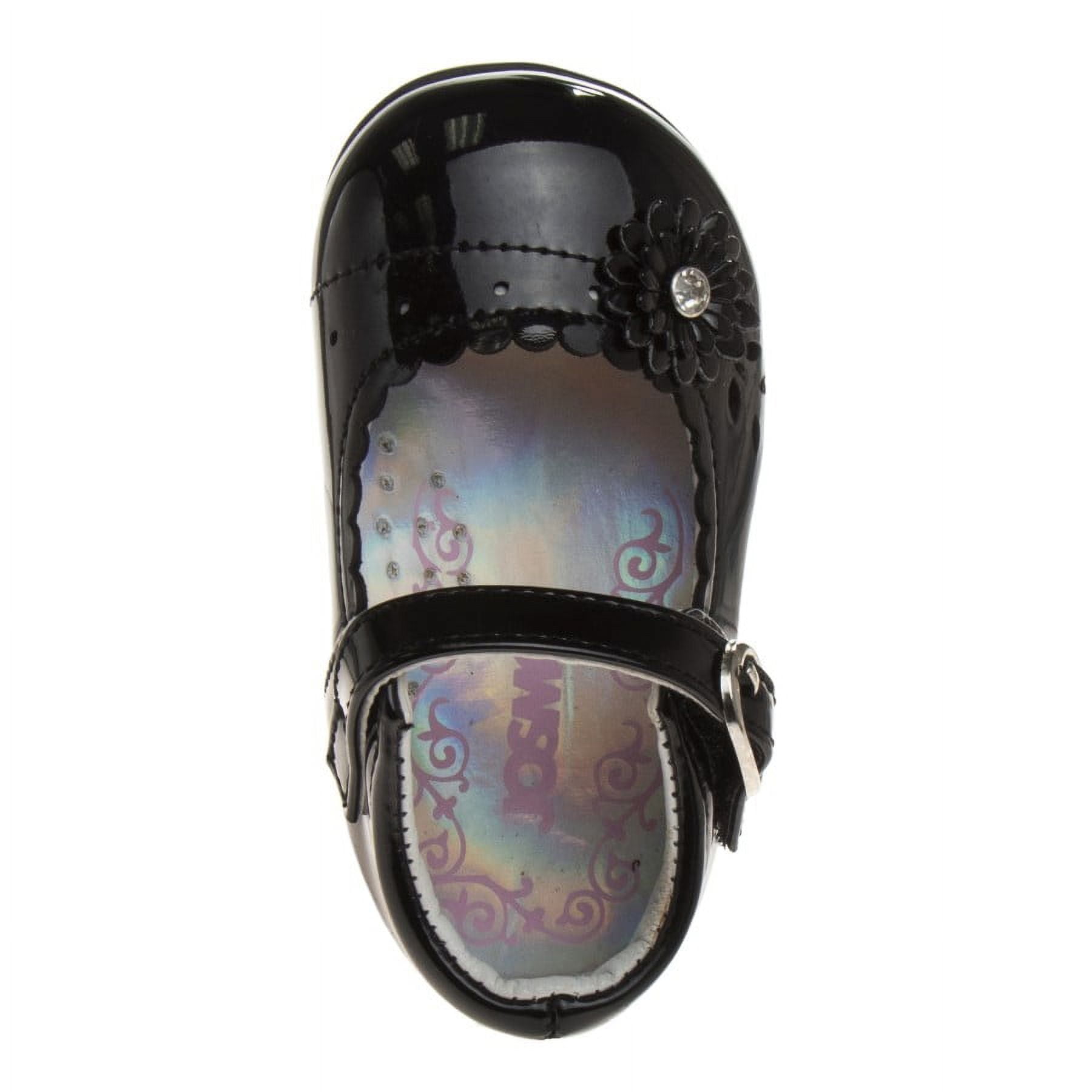 Josmo Toddler Girls Buckle Faux Leather Flat Heel Dress Shoes with Flower Detail - Black Patent, 8