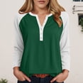 thumbnail image 2 of larppty Womens Long Sleeve Tops Color Block Button V Neck T Shirts Loose Fit Tunic Blouses (Dark Green, S), 2 of 5