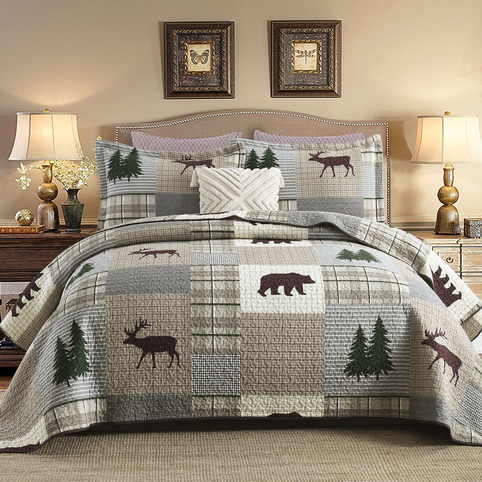 Bedduvit Cotton Quilt for Queen Bed - 100% Cotton Rustic Lightweight Queen Quilt, Brown Gray Patchwork Plaid Quilt Bedspread, Bear & Deer & Tree Farmhouse 3-Piece Quilt Comforter Set, 98x90