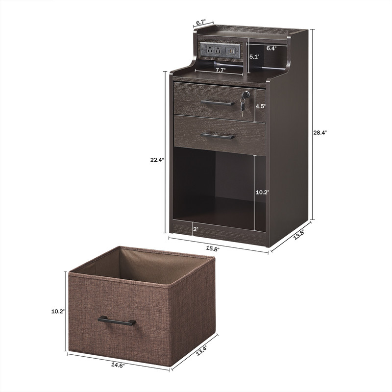 Utopia Alley 2 Drawer LED Nightstand, Night Stand with Fast Charging, 3 USB Ports and 2 Power Outlets, Bedside Table with Open Shelf, 29 inch Nightstand with Lock for Bedroom, Espresso Color