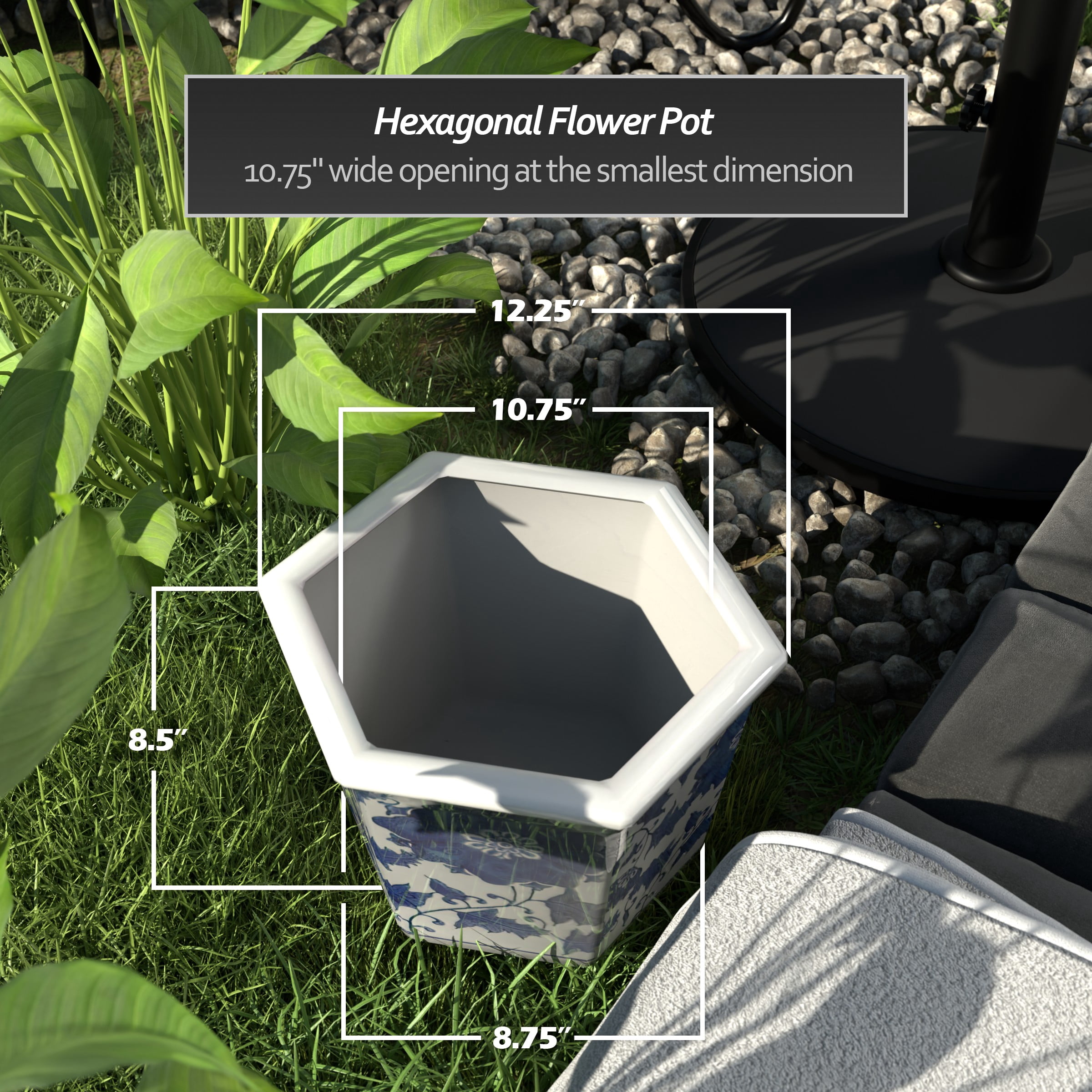 12" Hexagonal Flower Pot - Blue and White Floral