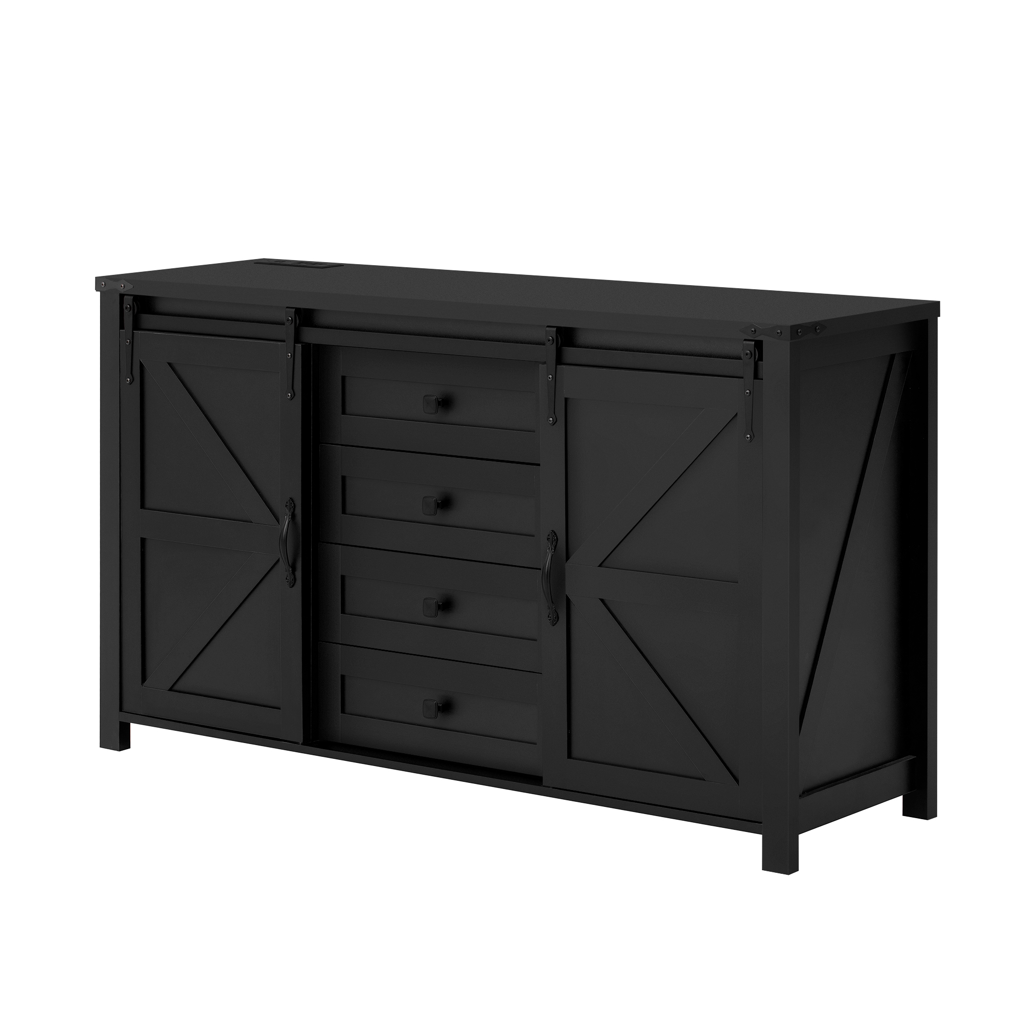 Euroco 55" Large Sideboard Buffet Cabinet, Farmhouse Storage Cabinet with Sliding Barn Doors,Power Outlet and 4 Drawers,Wood Coffee Bar Table for Kitchen,Living Room,Black