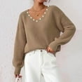 thumbnail image 4 of JSheng Women's Knitted Sweaters Fashion Casual V-Neck Long Sleeves Pullover Sweater Tops with Beaded Decoration Khaki L, 4 of 5