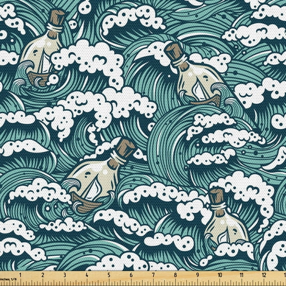 Ambesonne Ocean Fabric by the Yard Upholstery, Minimalist Wave Pattern Retro, 1 Yard, Almond Green and Eggshell