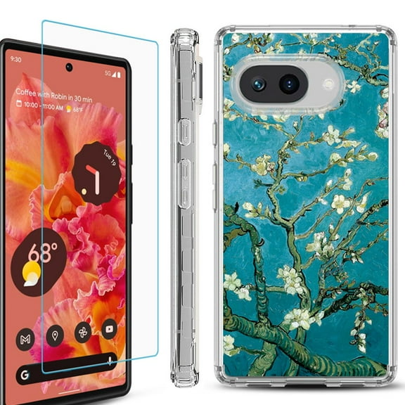 For Google Pixel 9a Phone Case Cover, Shockproof Bumper Case with Tempered Glass Screen Protector, by OneToughShield - Almond Blossom
