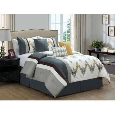 7 Pc Diamond Ornate Chevron Zigzag Embroidery Comforter Set Queen