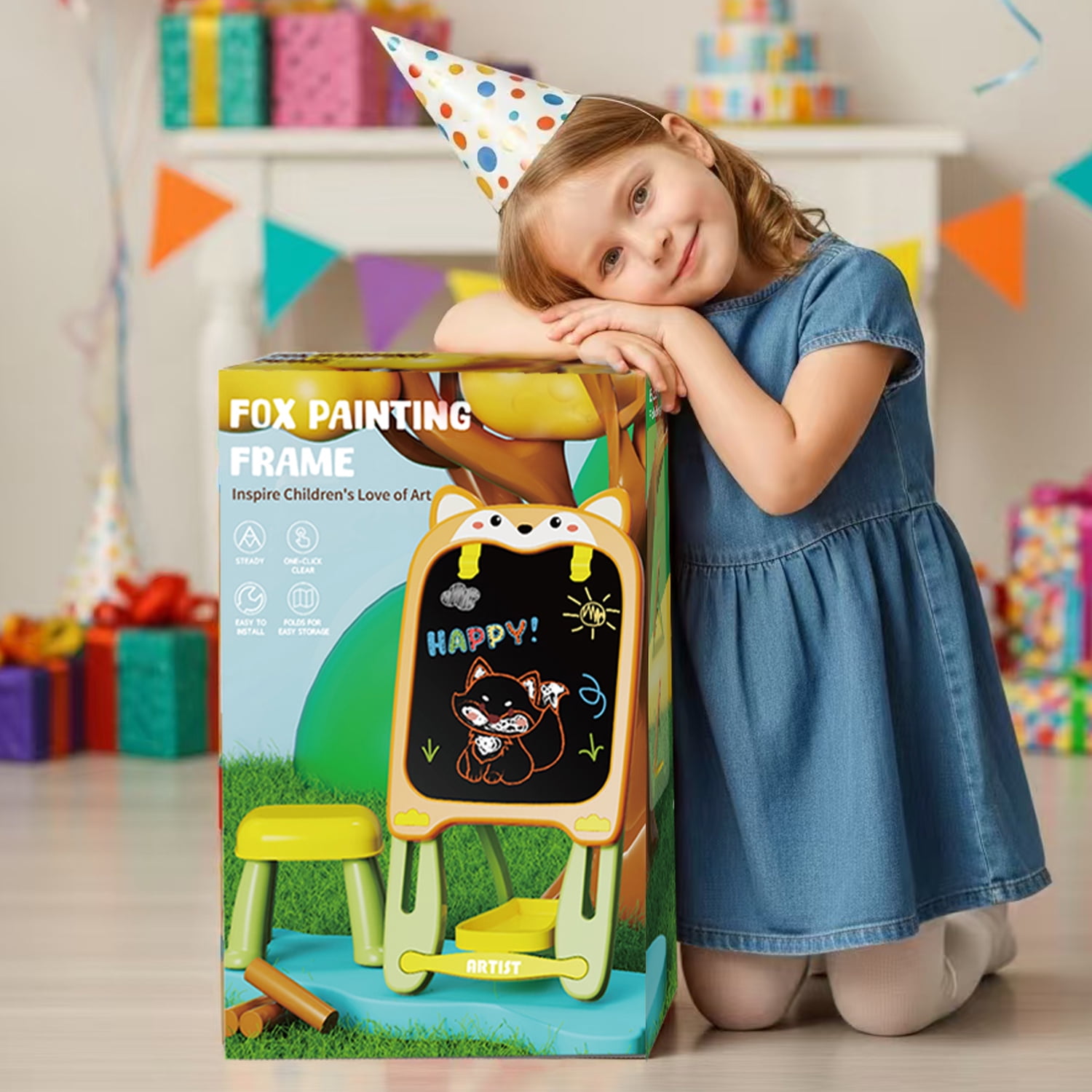 Aijohnny Easel for Kids, Adjustable Standing Magnetic Drawing Board with Chair for Girls & Boys, Birthday Gift for 3-5 5-8 Year Old