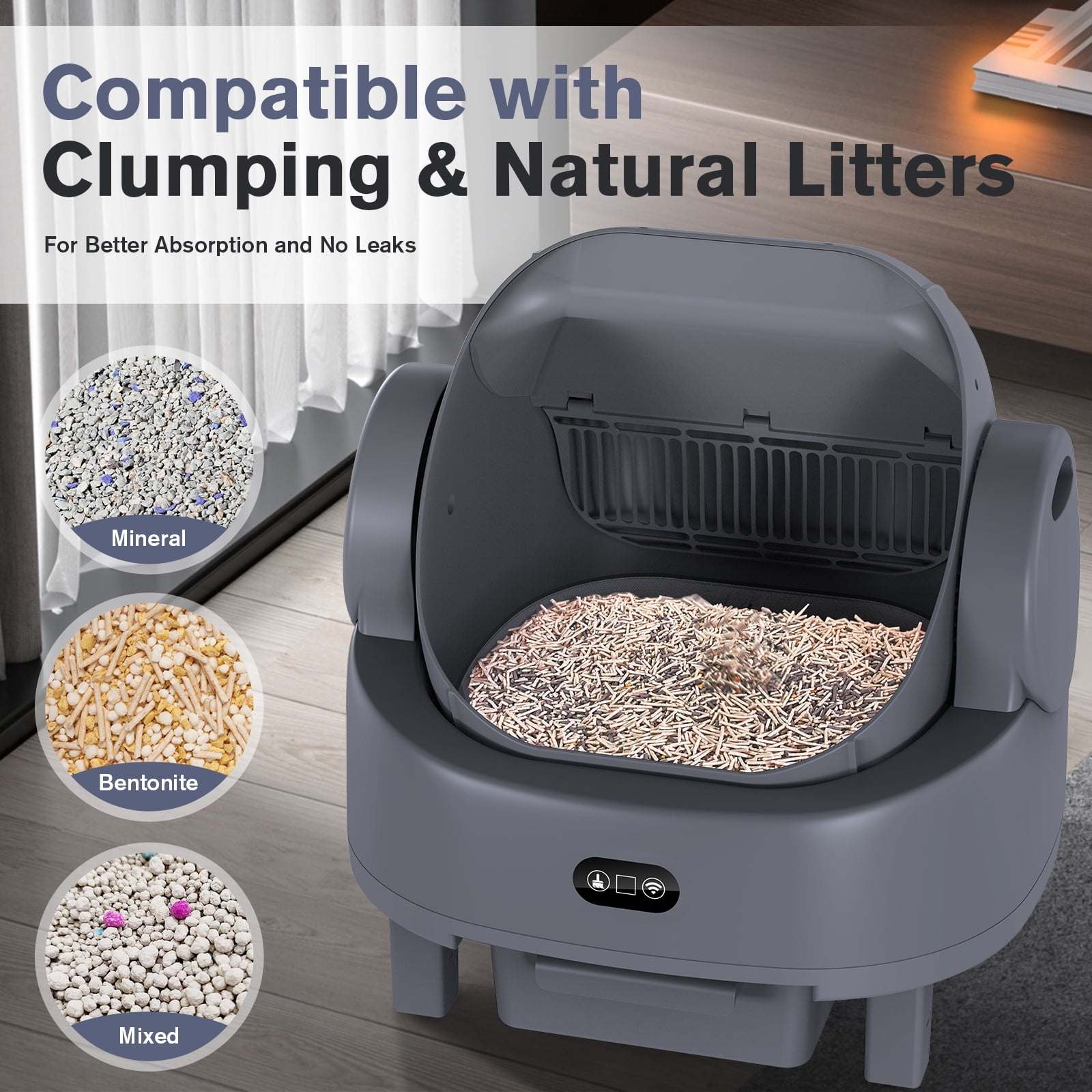 LUODIER Self-Cleaning Litter Box, Automatic Open-Top Cat Litter Box with App Control & Safety Sensors, Includes Litter Liners & Mat, Light Grey