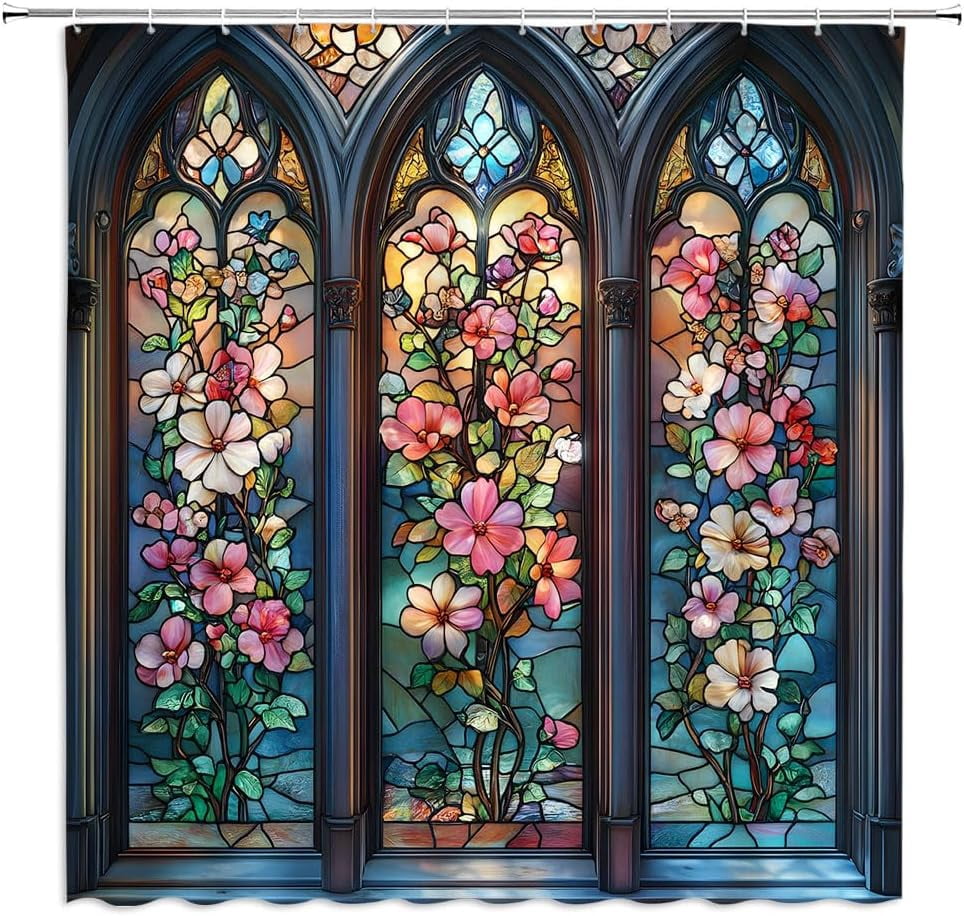 Stained Glass Shower Curtain Abstract Arched Window Antique Fantasy Boho Plant Floral Elegant Ornate Symmetric Vintage Artistic Bathroom Curtain Set Polyester Fabric Hooks 72 X 72 Inch