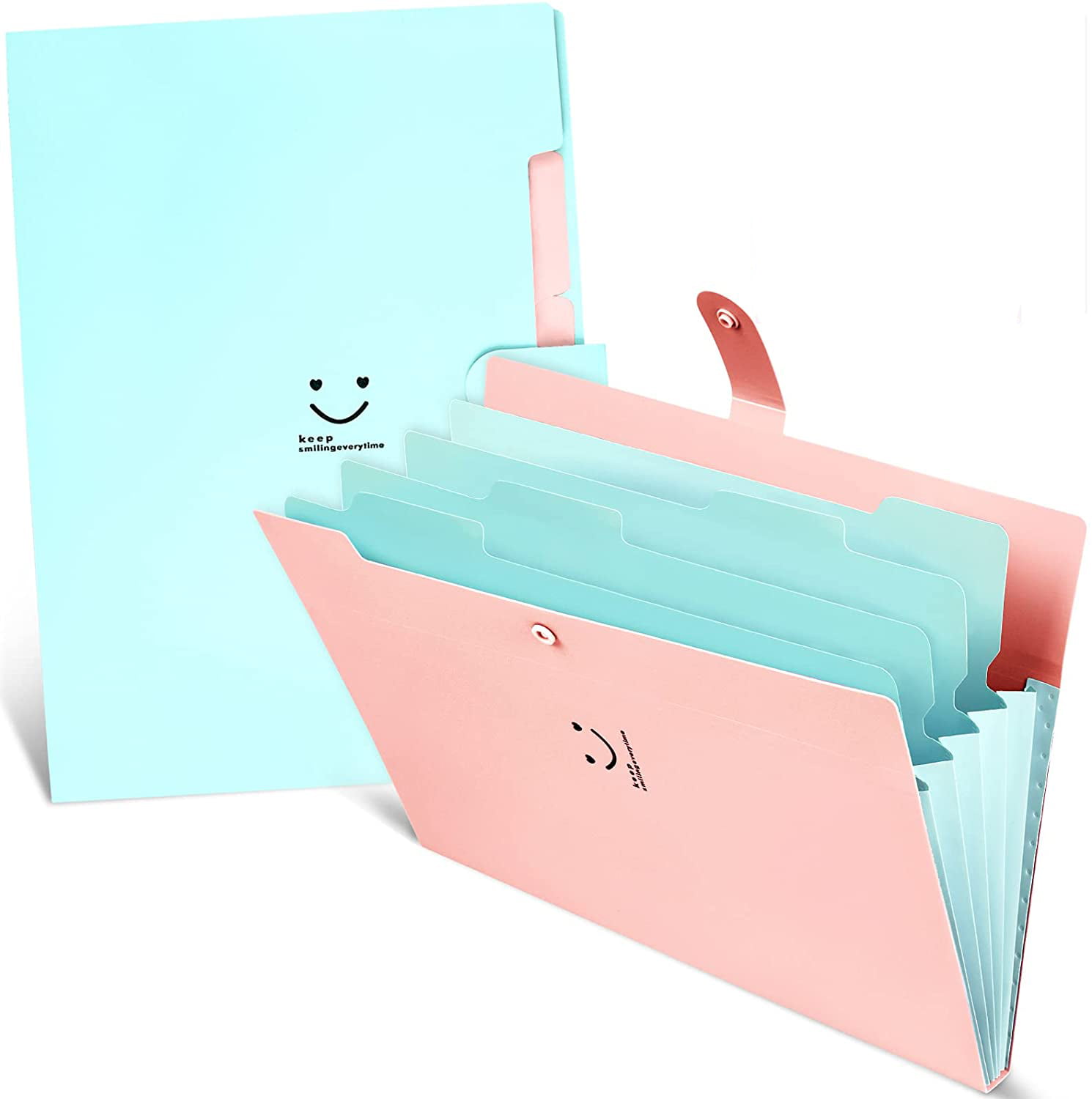 Plastic Paper Organizer Folder with Labels 2 Pack Expanding File Folders Letter A4 Paper Expanding Folder with Snap Closure Cute Folders with 5 Pockets for School Home Work Office Black & Blue 