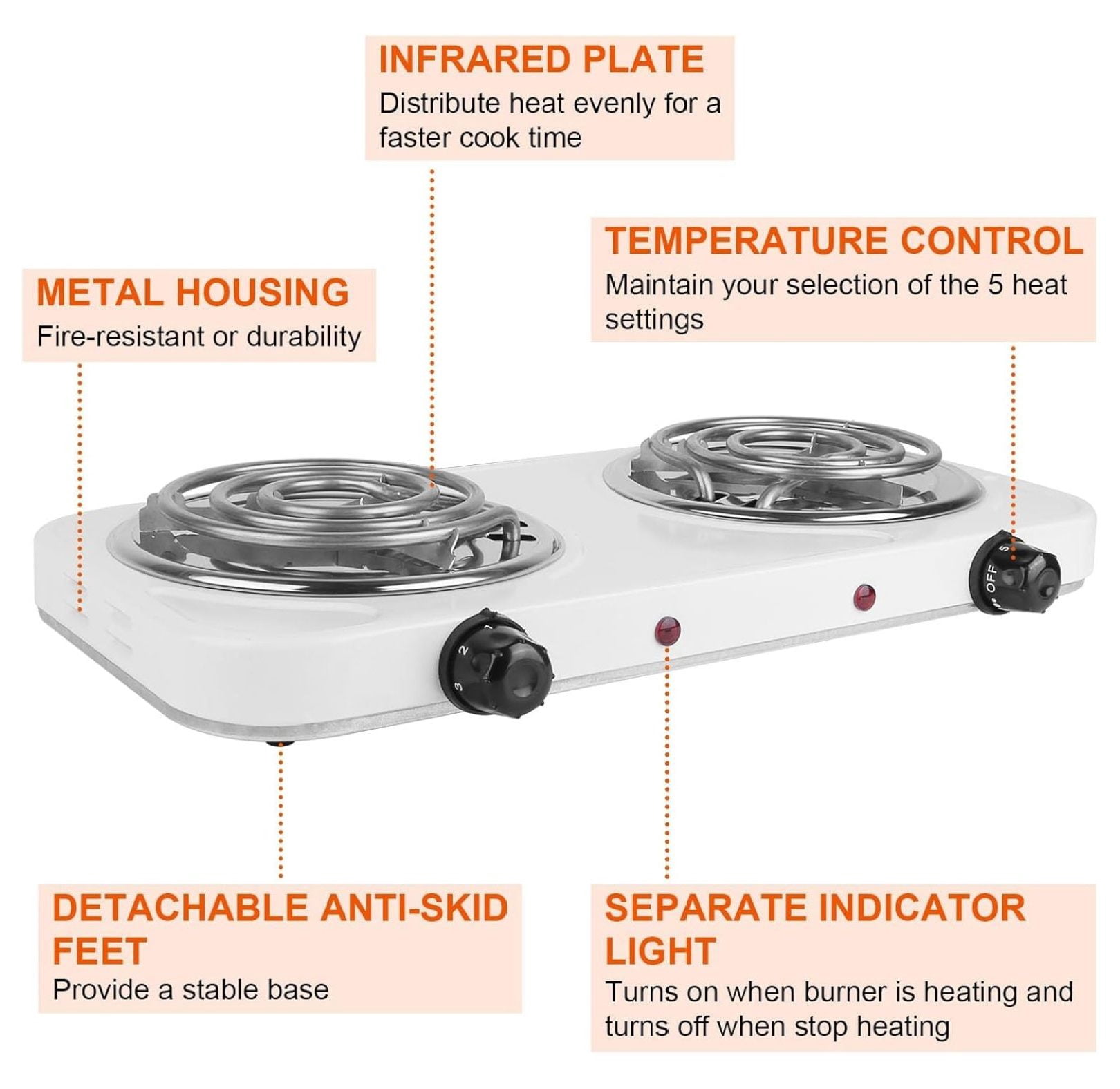 Countertop Burner, Electric Double Burners 2000 Watts, Hot Plate Cooktop with 5 Temperature Control, Non Slip Rubber Feet, Portable Coil Heating Stove Countertop RV Hotplate for Home or Dorm(White 2)