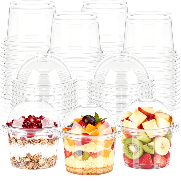 BPPEG 50 Sets 8oz Clear Plastic Cups with Dome Lids (Hole in the Lid) | BPA-free, Food Grade, Disposable Dessert Cups with Lids for Fruit, Parfait, Pudding, Yogurt, Ice Cream, Cake, Snack