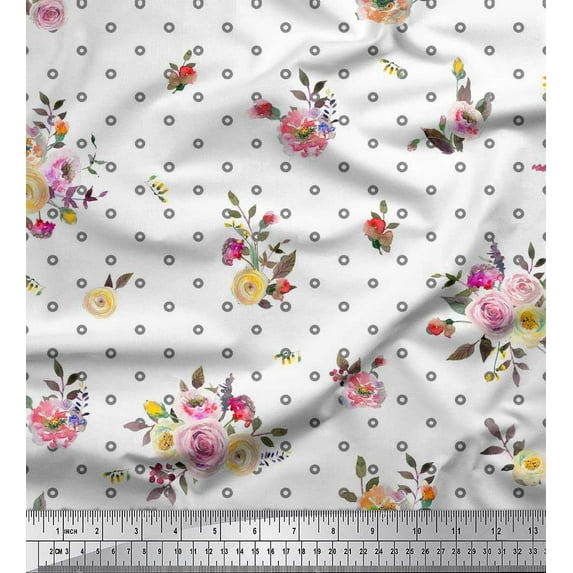 Soimoi White Cotton Cambric Fabric Leaves,Small Circle & Floral Print Fabric by The Yard 56 Inch Wide