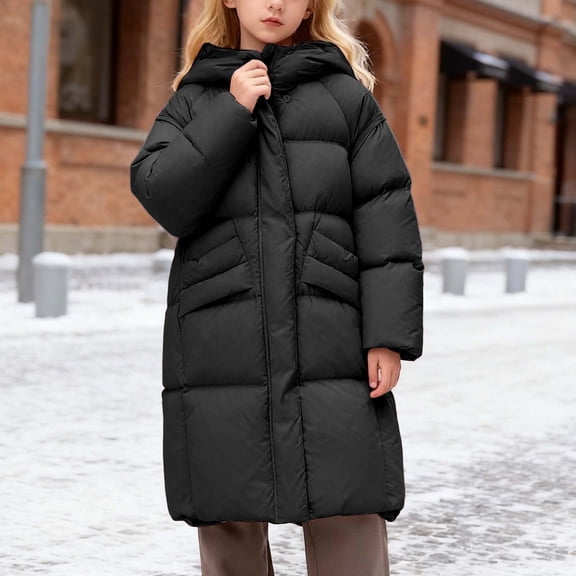 Letdown Girls Winter Coat Long Hooded Puffer Jackets Cozy Full Button Zip Up Fall Coats Trendy Casual Warm Travel Knee Length Outerwear (Black,6-7 Years)