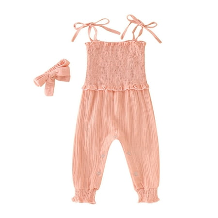 

Baby 3-6 Months Girl Clothes Toddler Girls Sleeveless Solid Prints Romper Suspenders Jumpsuit Clothes Bow Tie Hairband Outfits 2t Girl Romper