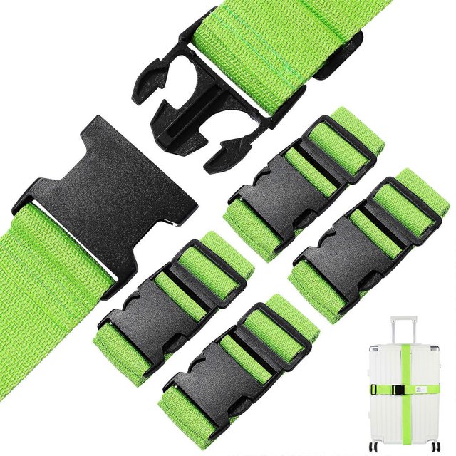 4 correas de equipaje, cinturones de seguridad ajustables para maletas en verde fluorescente con hebilla de liberación rápida, ajuste deslizante y textura de fibra de polipropileno; facilitan la identificación rápida y la seguridad de equipaje, y son a menudo usados para agrupar bolsas de viaje.