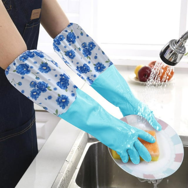 Suministros de cocina, manoplas, utensilios de cocina, juego de utensilios de cocina, guantes de limpieza de terciopelo de goma con flores, guantes largos para el hogar, guantes antideslizantes para e