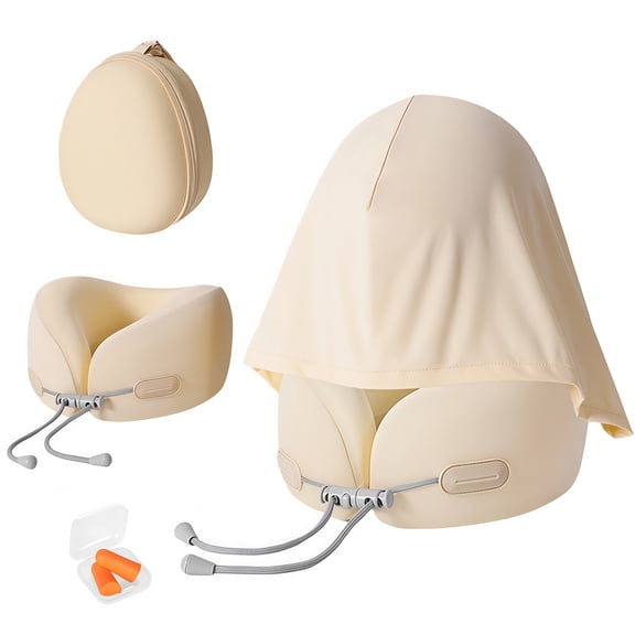 Travel Pillow, Portable U-Shaped Pillow – with Hood and Storage case. Memory Foam Material, Hood concealable. Suitable for Road Trips, Flights, and Office use. Includes earplugs.