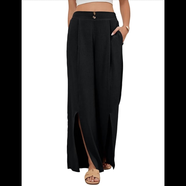 Pantalones Palazzo de Cintura Alta, Elásticos, Holgados, Informales, con Abertura Central y Pierna para Mujer, Color Negro, Talla L