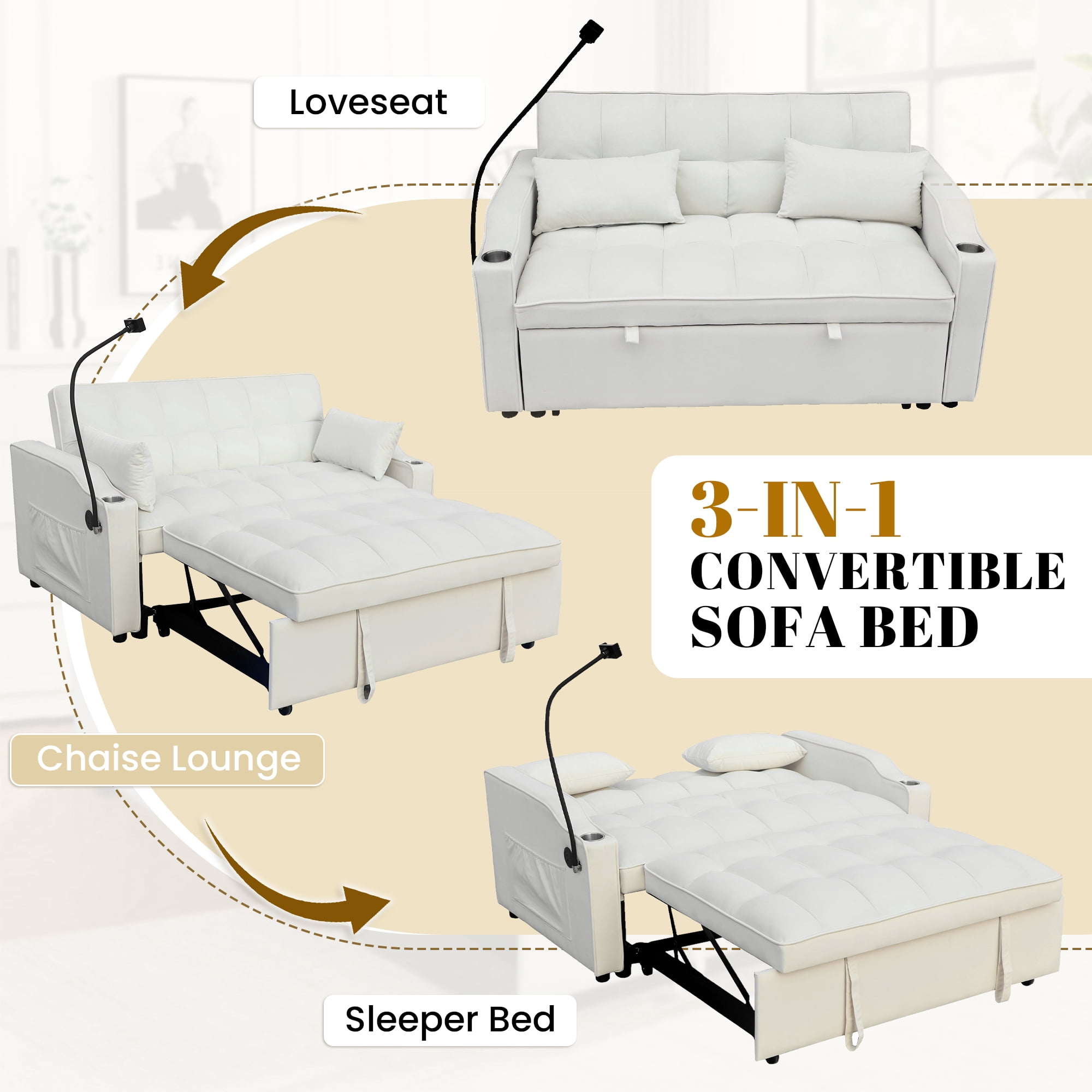 Dinosisco 3-in-1 Convertible Loveseat Sleeper, 55" Futon Sofa Bed with Phone Stand, USB, Beige Velvet