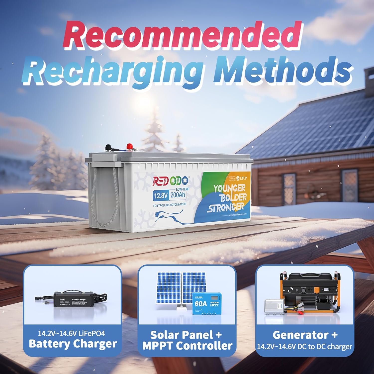 Redodo 12.8V 200Ah Trolling Motor LiFePO4 Battery with 100A BMS Deep Cycle Rechargeable Lithium Battery 1280W 4000+ Cycles for RV, Solar and Off Grid Applications