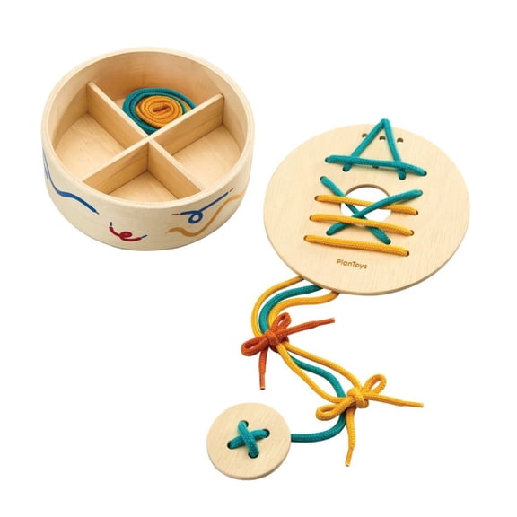 PlanToys® Lacing Boards | Wooden Lacing Toy for Toddlers 12M  | Develops Fine Motor Skills, Hand-Eye Coordination & Problem-Solving | Includes 2 Discs & 7 Strings for Interactive Play