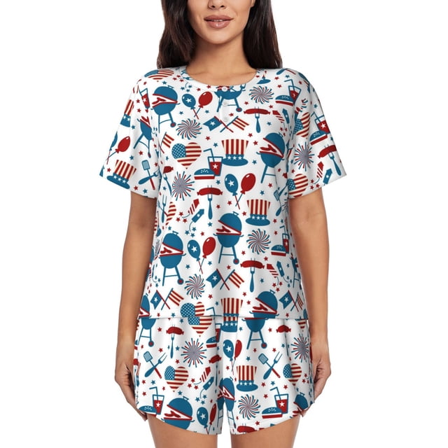 Fotbe Fourth Of July Party Conjunto de Pijama Estampado para Mujer, 2 Piezas, Ropa de Dormir con Camiseta de Manga Corta y Shorts Suaves-X-Large
