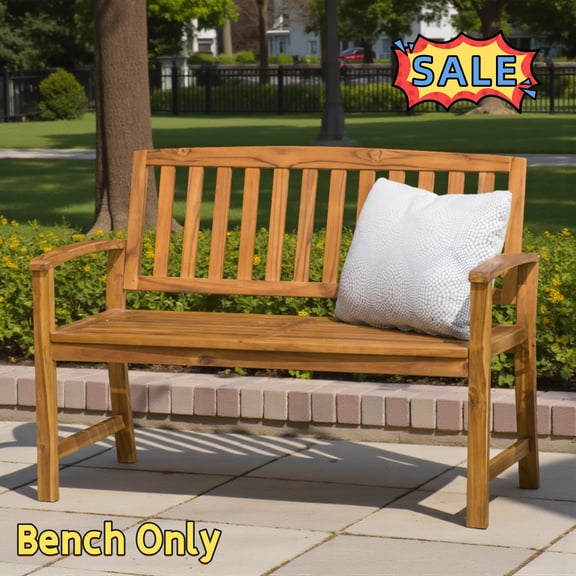 Tcbosik Outdoor Garden Wooden Bench, 48" Bench with Backrest and Armrest, 2-Seater Chair for Patio, Lawn, Balcony, Yard, Porch, Teak