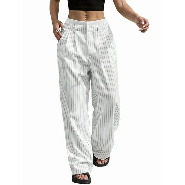 Pantalones Anchos y Holgados para Mujer, Estilo Palazzo Harén, Informales, A Rayas, con Cintura Elástica y Bolsillos XL