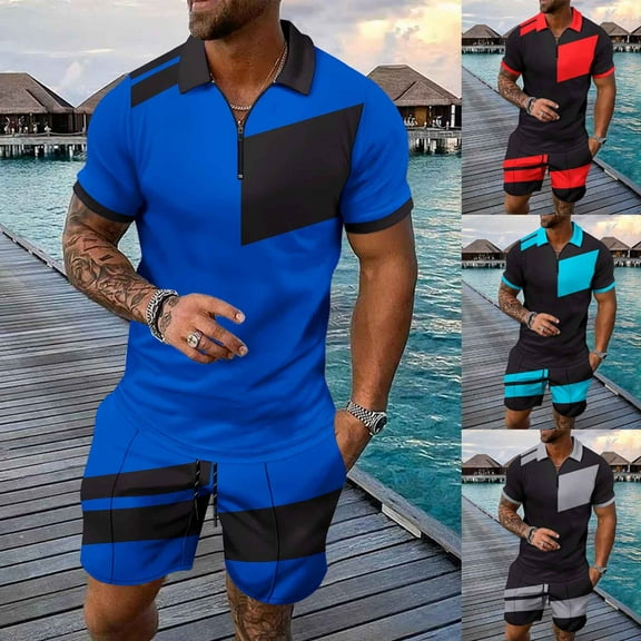 VBTAPA Sales Today Clearance! Men's Polo Shirt and Shorts Set Summer Casual Outfits Hawaiian Matching Suit for Men 2 Piece Color Block Tracksuit Sets Sky Blue XXXL