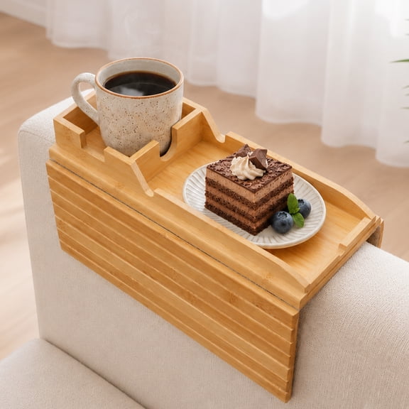 Topsome Couch Cup Holder, 2 in 1 Foldable Couch Arm Tray with Detachable Couch Tray, Non-Slip Sofa Cup Holder For Armrests Over 4.5", Wood Sofa Tray Table for Drinks, Snacks, Remotes & Phones