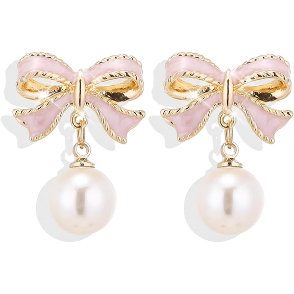 DESIGNICE Gold Bow Earrings for Women, Trendy Small Bow Earrings, Ribbon Waterfall Dangling Earrings, Pearl Bow Earrings, Sparkly Elegant Bowknot Preppy Jewelry Gifts for Women