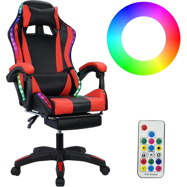 Chaise de Jeu avec Haut-Parleurs Compatibles Bluetooth et Lumières LED RGB, Chaise de Jeu Ergonomique avec Massage, Chaise de Jeu Vidéo Réglable en Hauteur, Dossier Haut avec Support Lombaire Noir et Rouge