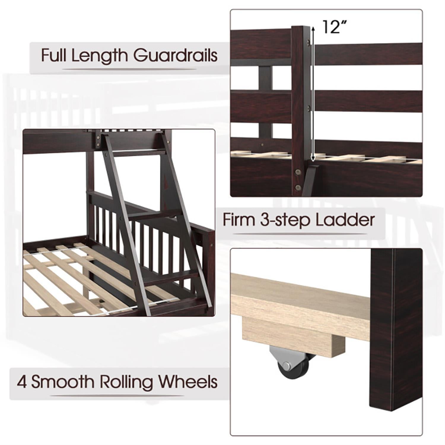 Demi Bonn Twin Pull-Out Bunk Beds with Ladder in the Steps and a Trundle, Full Convertible Bunk Bed Platform, Brown