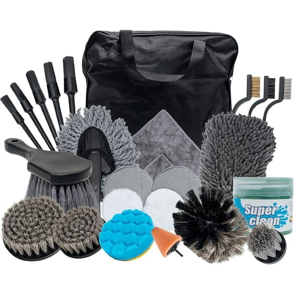 27 Pc Car Detailing Kit with Drill, Soft Brushes, Chrome Polish, Cleaning Supplies, Car Wash Brush Set