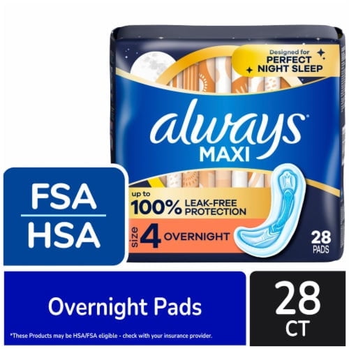 2X - Always Maxi Pads Overnight Absorbency Size 4 Unscented 28 count