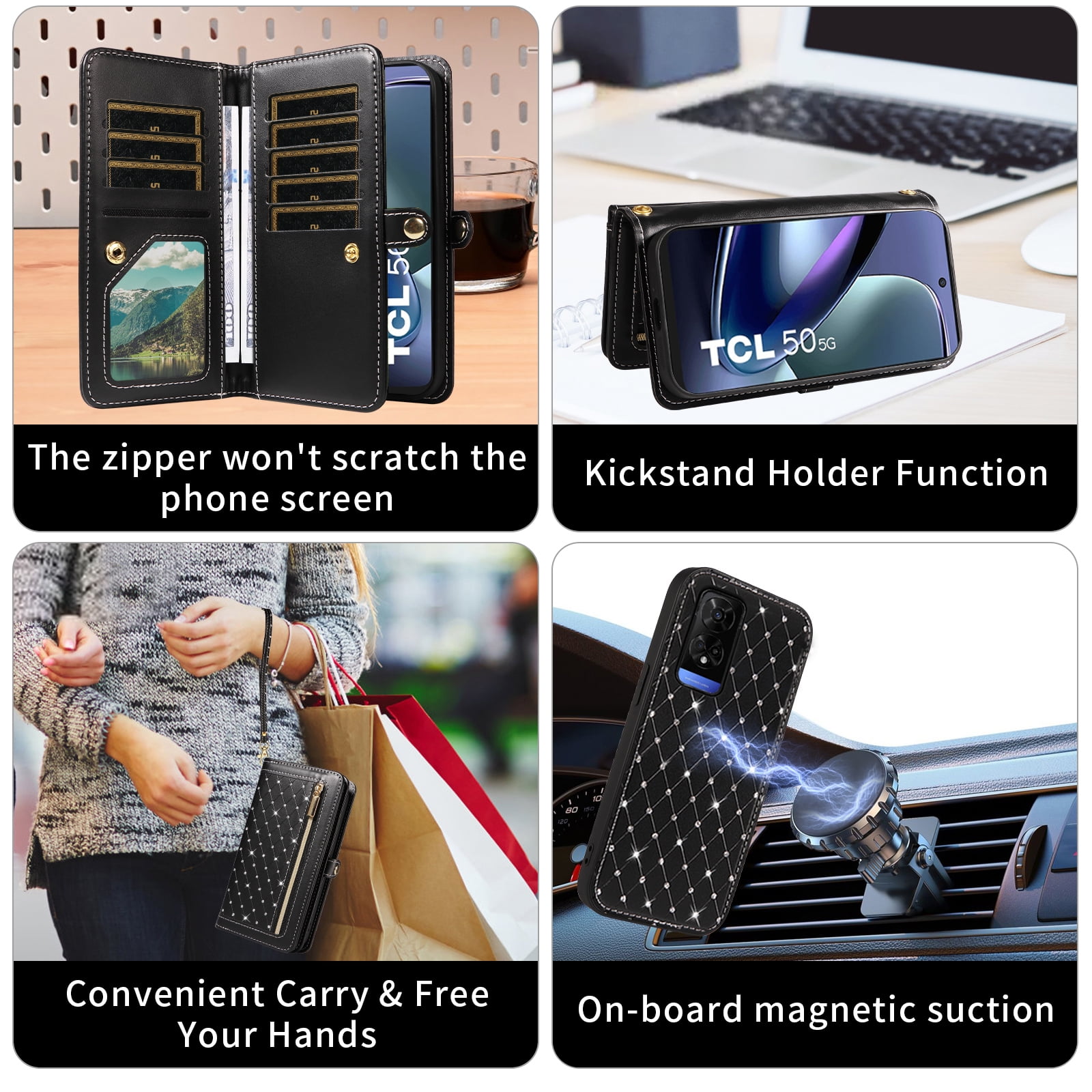 Asuwish Phone Case for TCL 50 5G/50 XE NXTPAPER/50 XE 5G Zipper Wallet Detachable Cell Cover with Tempered Glass Screen Protector Crossbody Lanyard Strap Glitter Flip Card Holder Slot Women Black