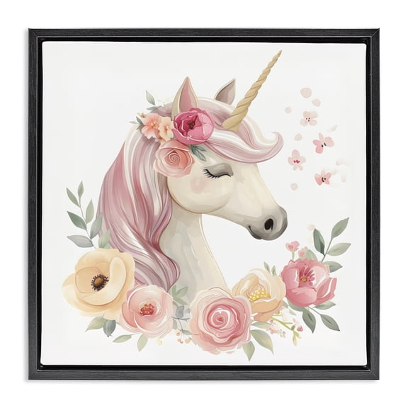 Stupell Industries Unicorn with Floral Wreath Black Framed Floater Canvas Wall Art, design by Creative Studio