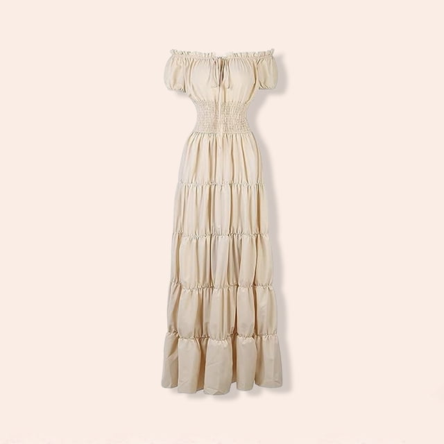 Faldas largas Vestido largo informal para mujer, con cordones, cuello oblicuo, color sólido, ajuste holgado, traje de vacaciones Kuymtek champán T M para Mujer